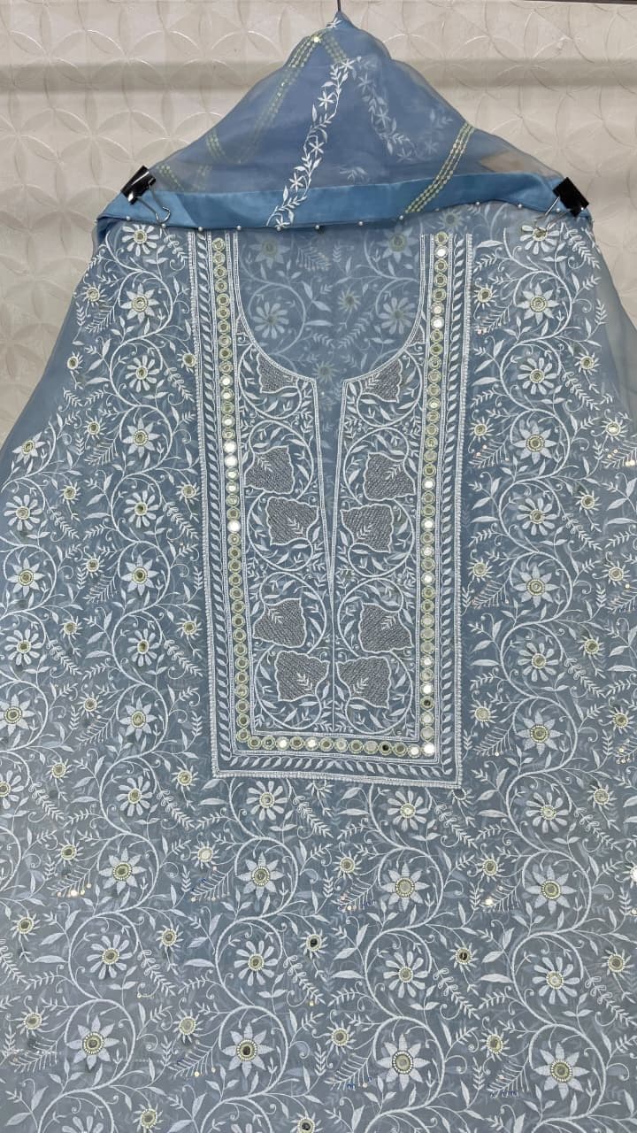 Aaina, straight kurta in powder blue organza with ivory thread and mirror