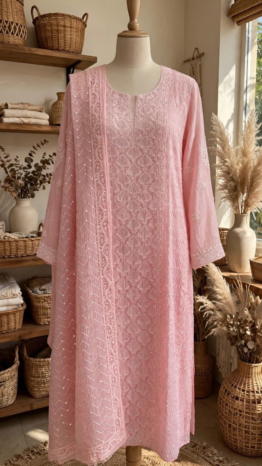 Ada, straight kurta in blush pink with ivory thread