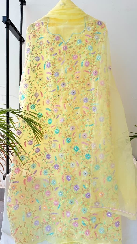 Basant, straight kurta in pale yellow organza with multicolour thread