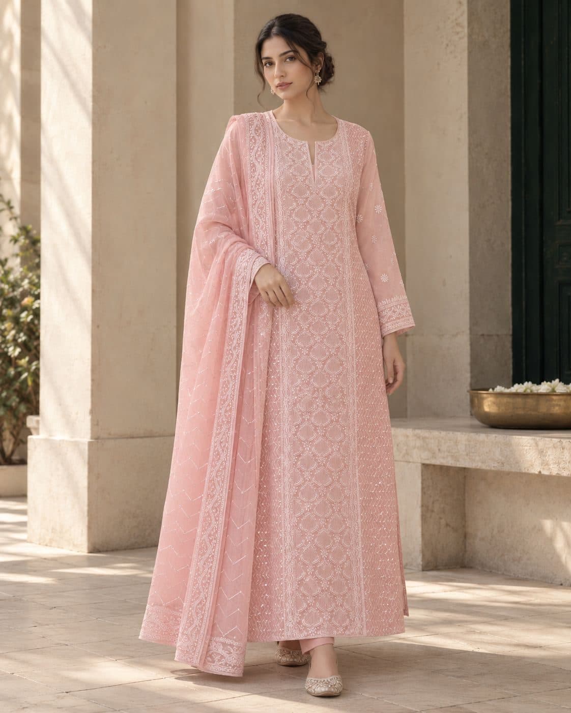 Dastaan, anarkali in blush pink with ivory thread