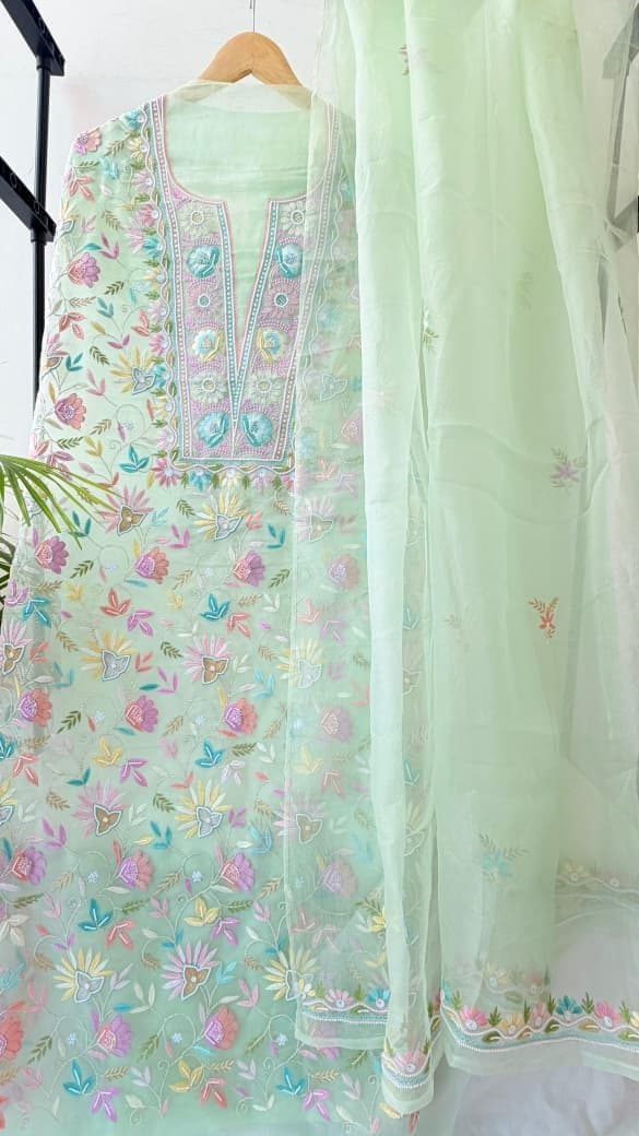 Dhaani, straight kurta in pale green organza with pink and lilac florals