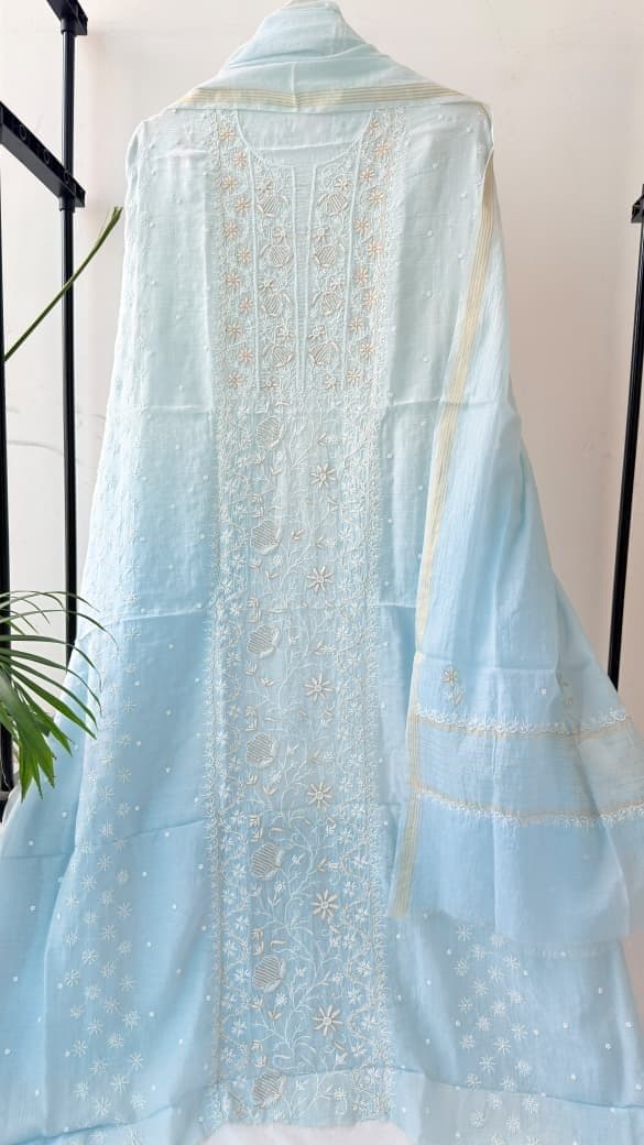 Falak, straight kurta in powder blue with ivory and brass thread