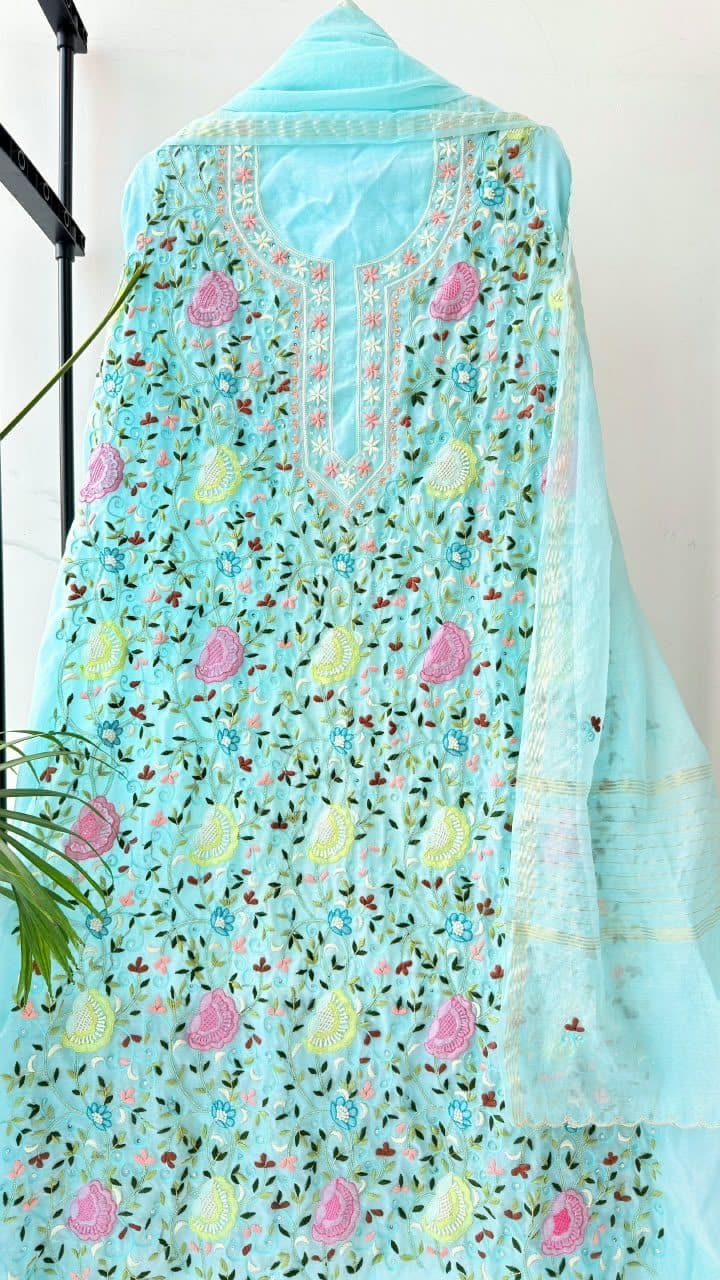 Firoza, straight kurta in aqua organza with multicolour florals