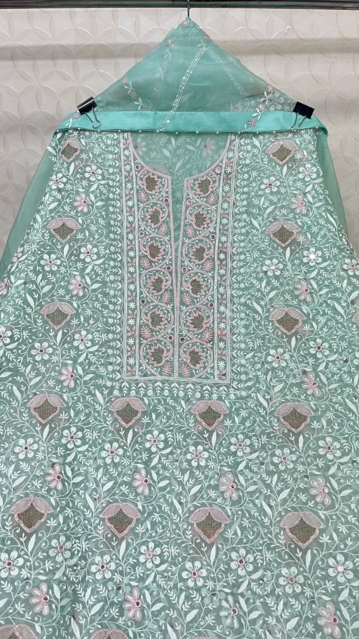 Gulshan, straight kurta in mint organza with rose and sage thread