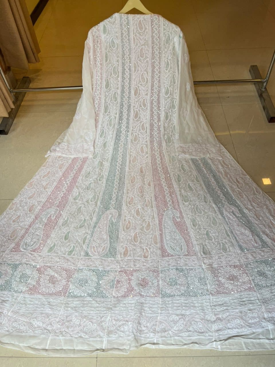 Nazakat, anarkali in ivory with rose and sage paisley
