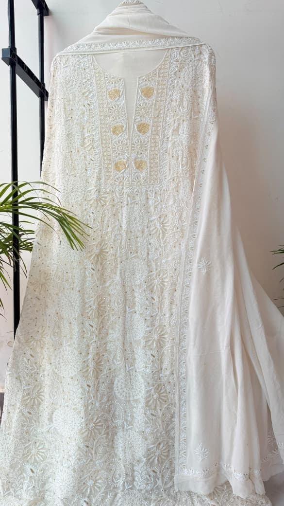 Noor, anarkali in ivory with brass yoke
