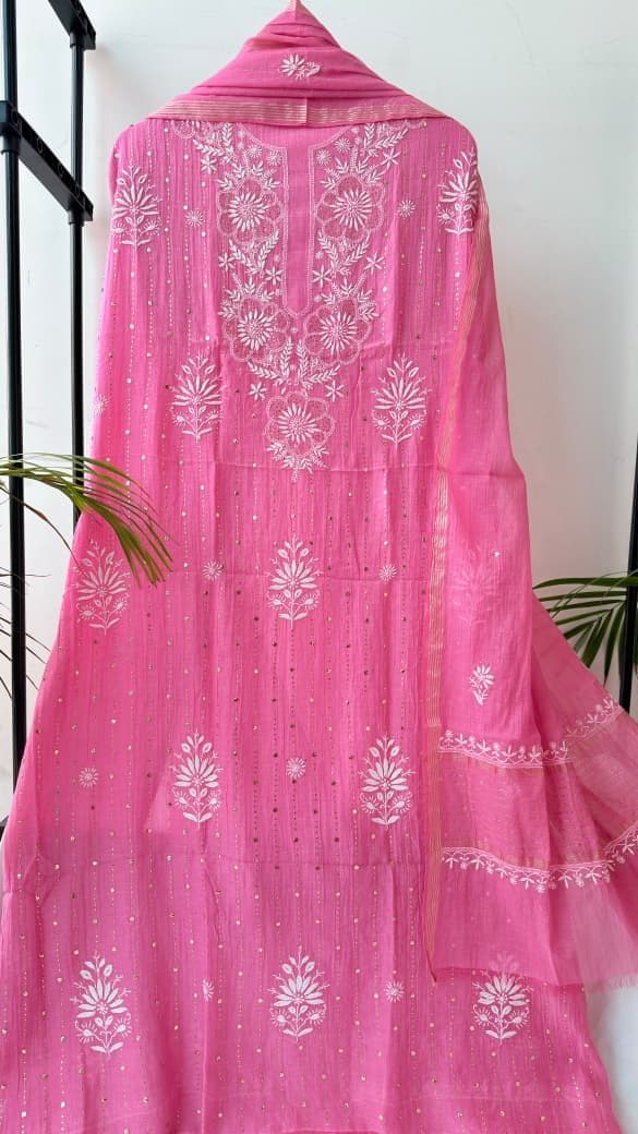 Shokh, straight kurta in rose pink with ivory thread and mukaish