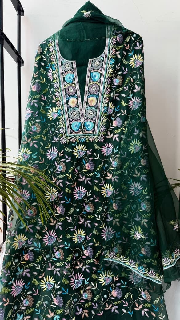 Zamurrad, straight kurta in emerald organza with multicolour florals